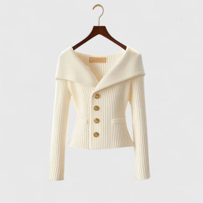 Gisela | Women's Fold-Over Collar Gold Button Fitted Long Sleeve Fall Cardigan