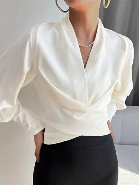 Camille | Women's Elegant Draped Wrap V-Neck Long Puff Sleeve Blouse