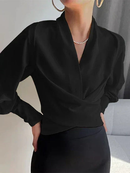 Camille | Women's Elegant Draped Wrap V-Neck Long Puff Sleeve Blouse