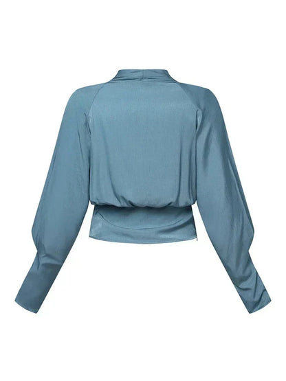 Camille | Women's Elegant Draped Wrap V-Neck Long Puff Sleeve Blouse