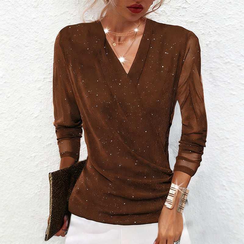 Estella | Women's Sparkly Party Long Sleeve Wrap V Neck Mesh Top