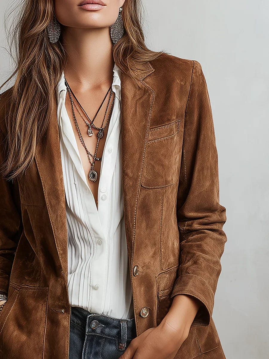 Eudora | Women's Brown Single-Breasted Notch Lapel Patch Pocket Blazer
