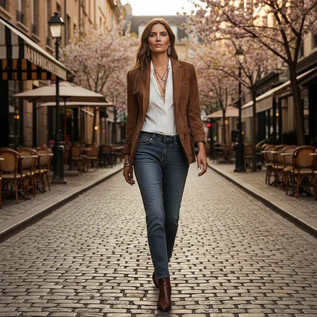 Eudora | Women's Brown Single-Breasted Notch Lapel Patch Pocket Blazer