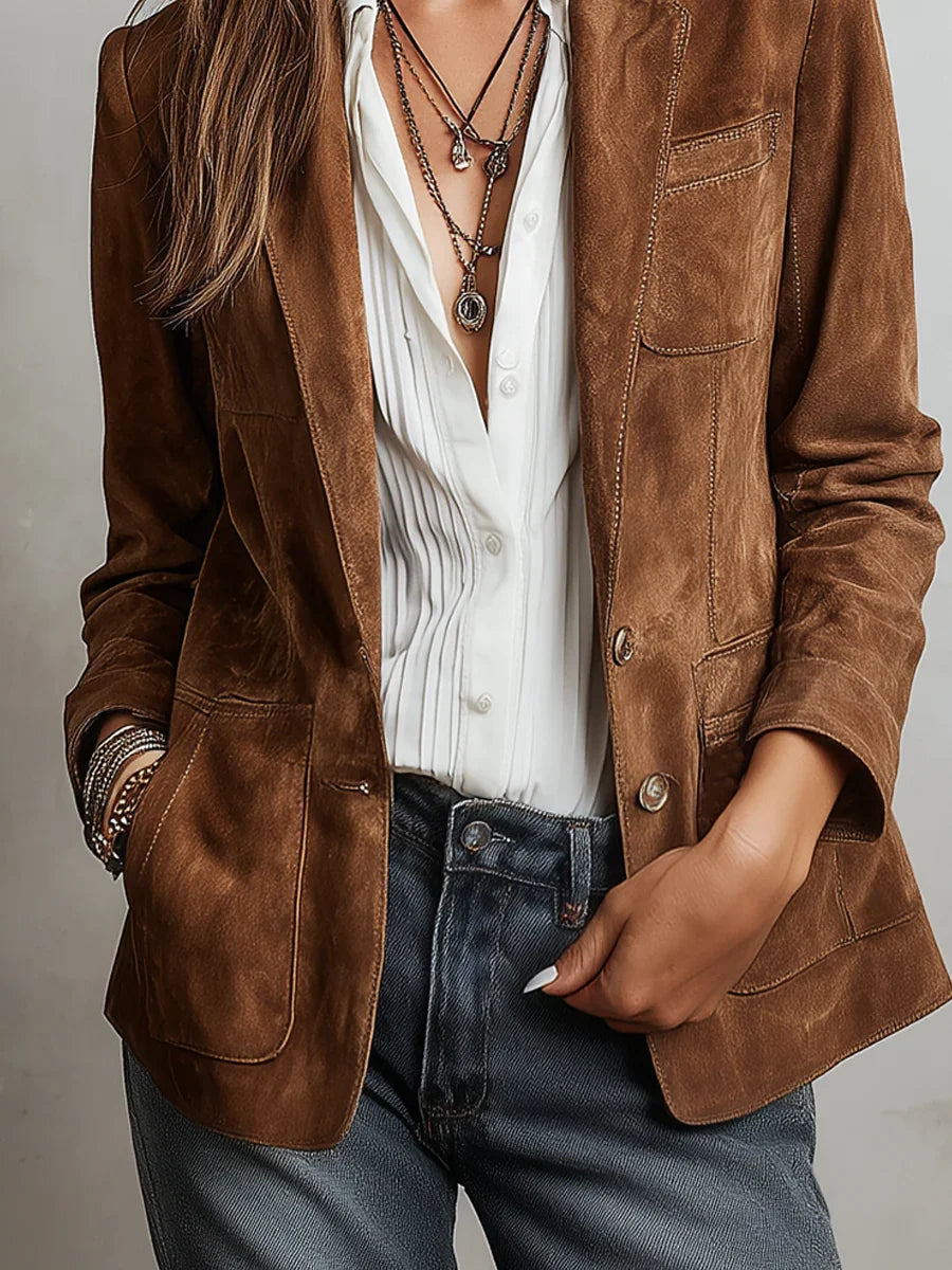 Eudora | Women's Brown Single-Breasted Notch Lapel Patch Pocket Blazer