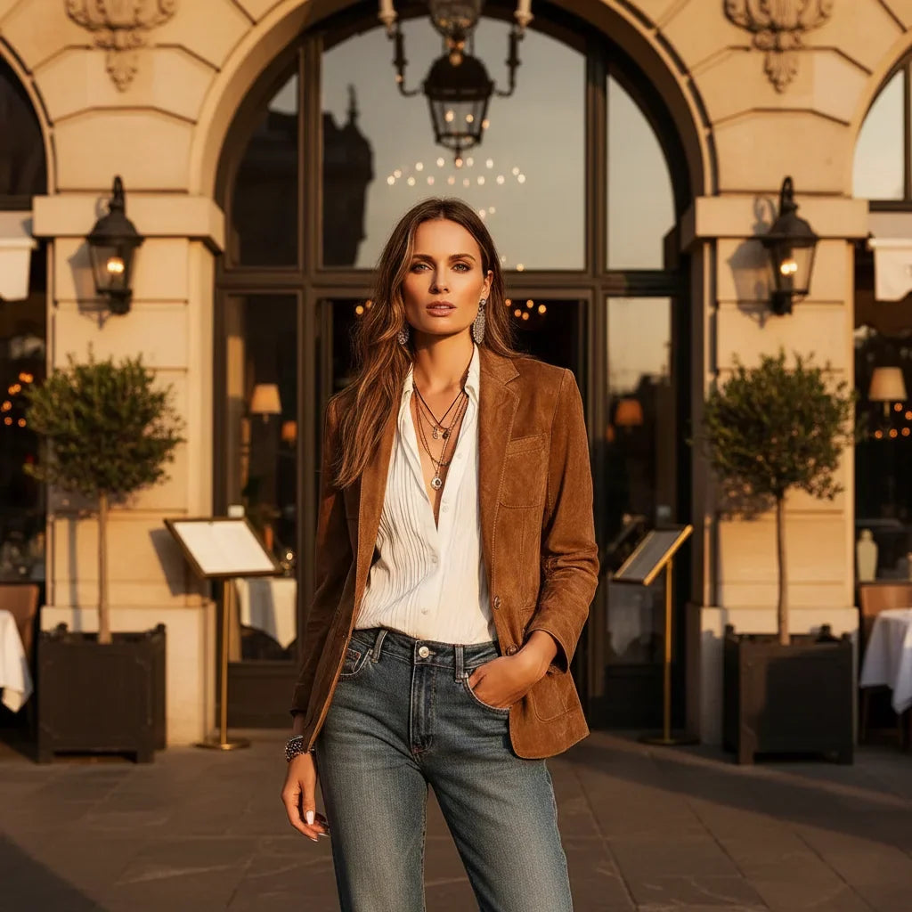 Eudora | Women's Brown Single-Breasted Notch Lapel Patch Pocket Blazer