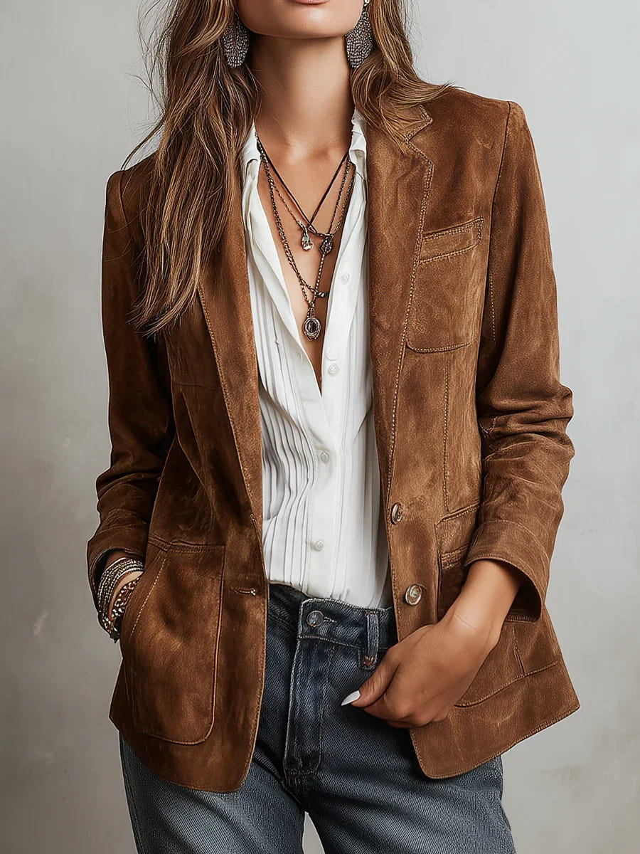 Eudora | Women's Brown Single-Breasted Notch Lapel Patch Pocket Blazer