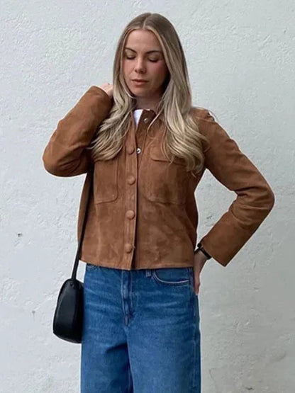 Giselle | Women's Brown Cropped Button-Front Chore Jacket