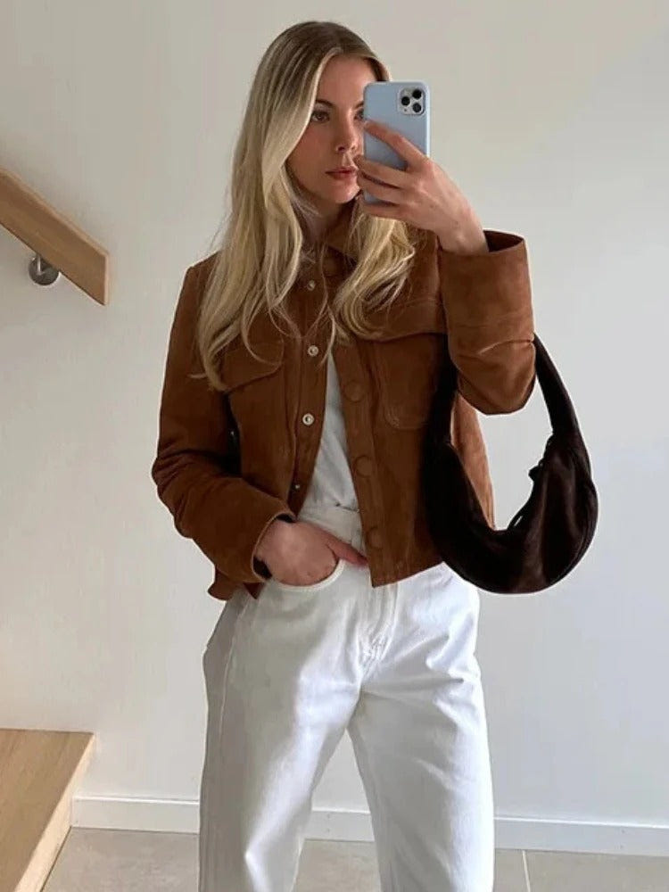 Giselle | Women's Brown Cropped Button-Front Chore Jacket