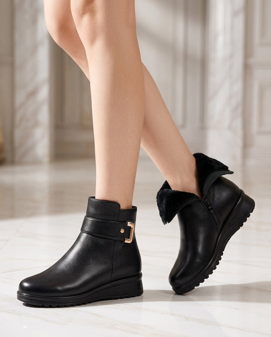 Adora | Women's Non Slip Plush Lined Faux Leather Warm Winter Low Heel Ankle Boot