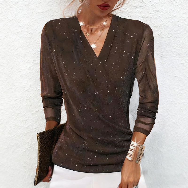 Estella | Women's Sparkly Party Long Sleeve Wrap V Neck Mesh Top