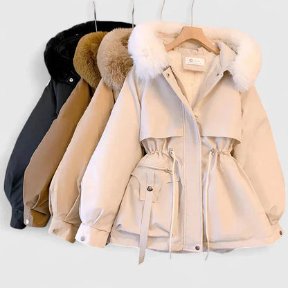 Elsa | Women's Hooded Drawstring Waist Faux Fur Trim Winter Parka Jacket