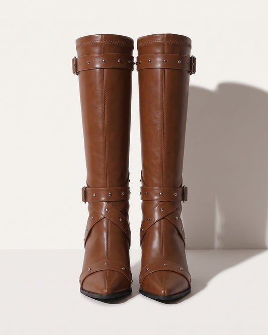 Isabel | Women's Studded Buckle Faux Leather Pointed Toe Block Heel Knee High Boot