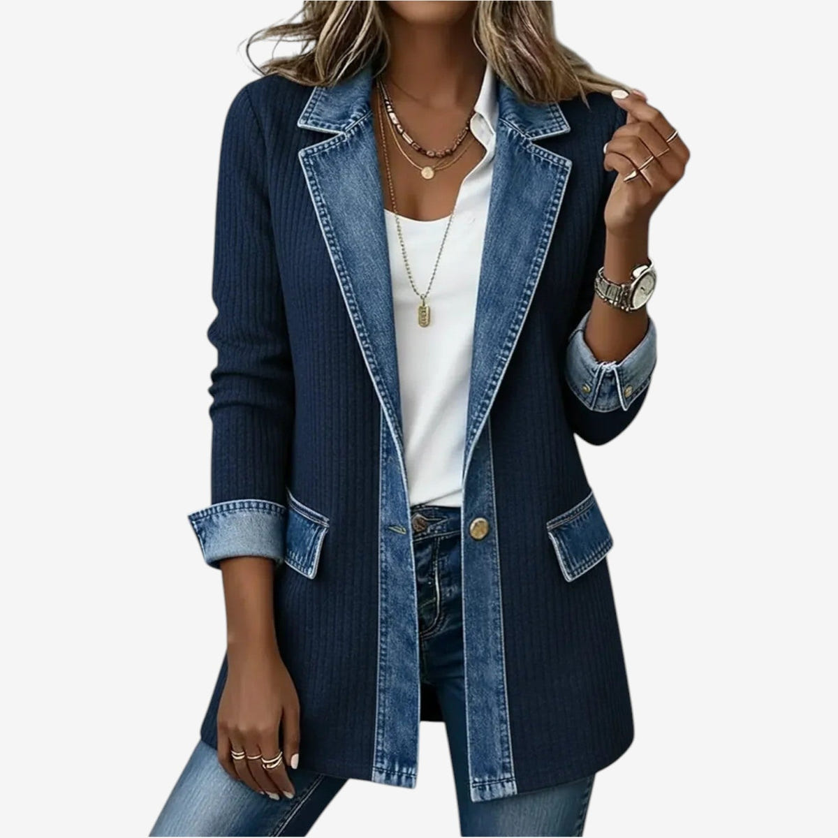Juniper | Women's Cute Fall Ribbed Knit Denim Trim Lapel Cardigan Jacket