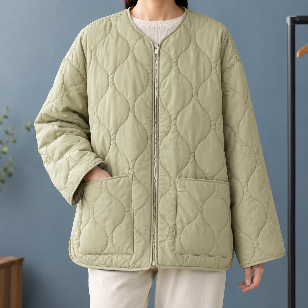 Blythe | Women's Collarless Oversized Patch Pocket Quilted Jacket