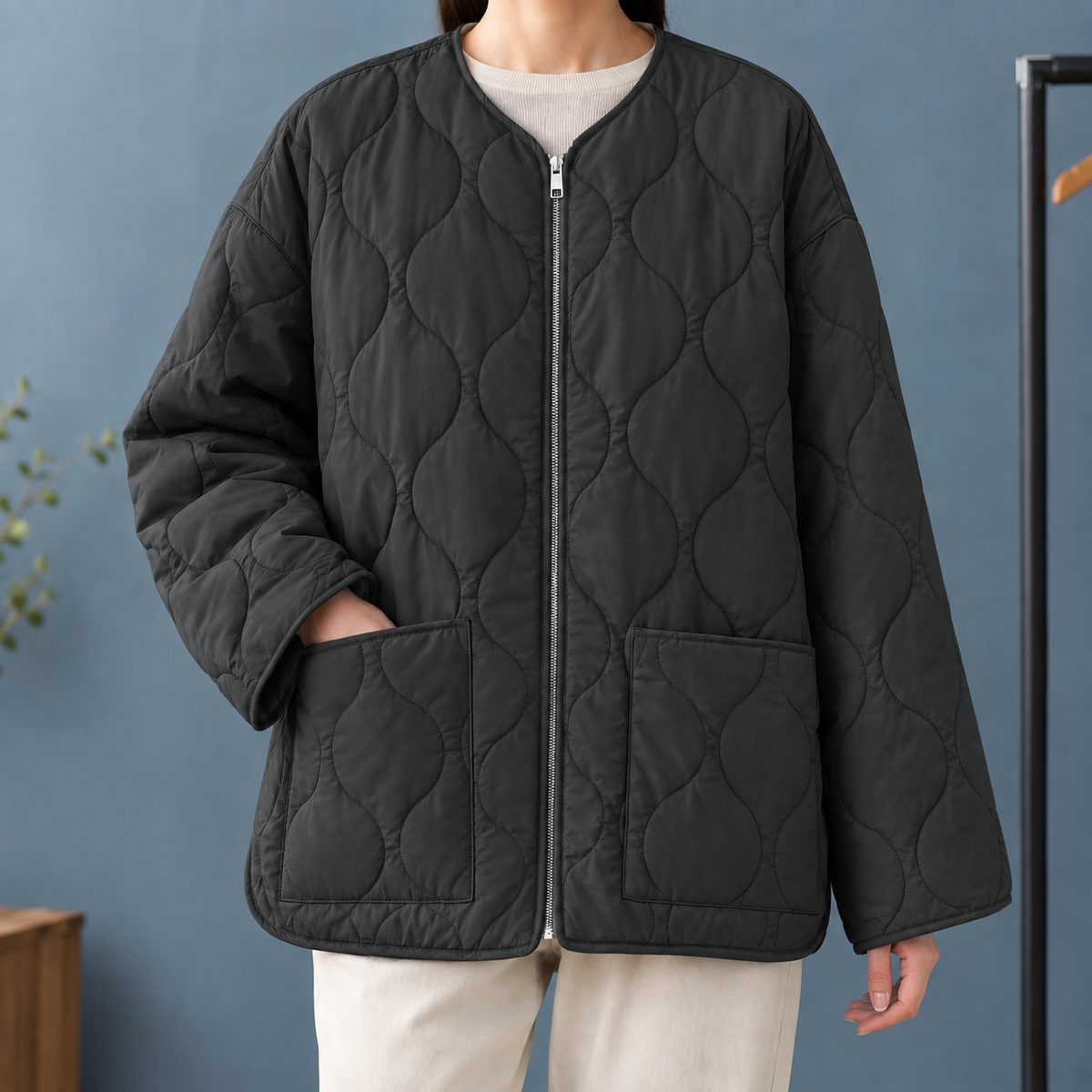 Blythe | Women's Collarless Oversized Patch Pocket Quilted Jacket