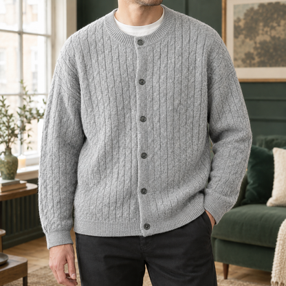 Brennan | Men's Relaxed Cable Knit Crew Neck Button Up Cardigan Sweater