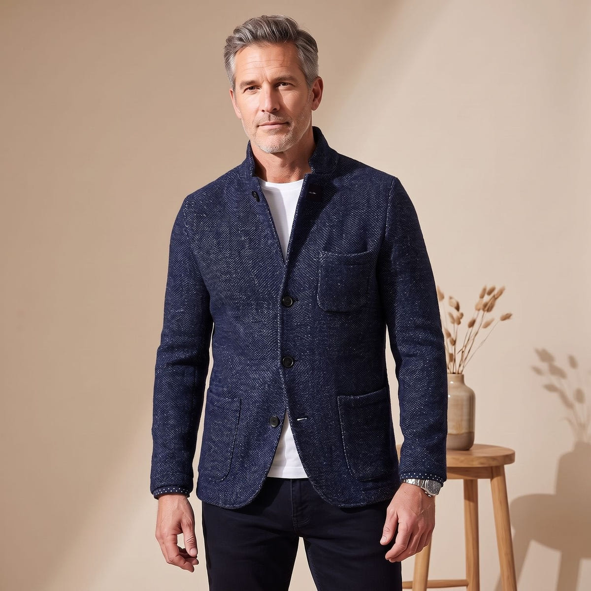 Draven | Men's Slim Fit Stand Collar Knit Button Up Cardigan Blazer