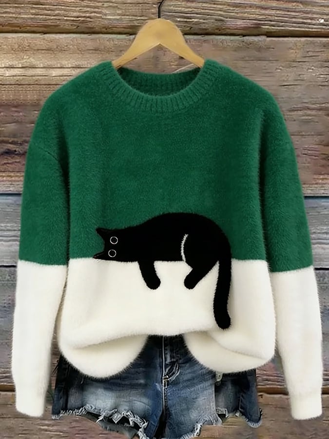 Betty | Women's Cozy Fuzzy Color Block Crew Neck Cute Pullover Sweater