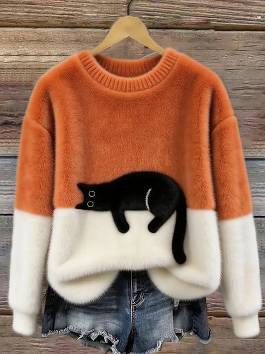 Betty | Women's Cozy Fuzzy Color Block Crew Neck Cute Pullover Sweater