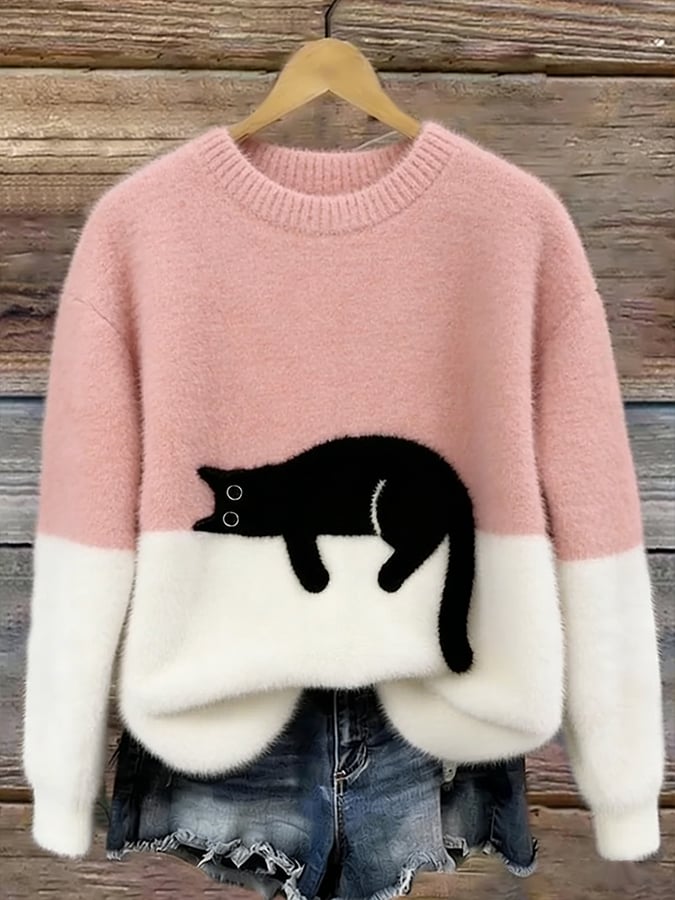 Betty | Women's Cozy Fuzzy Color Block Crew Neck Cute Pullover Sweater