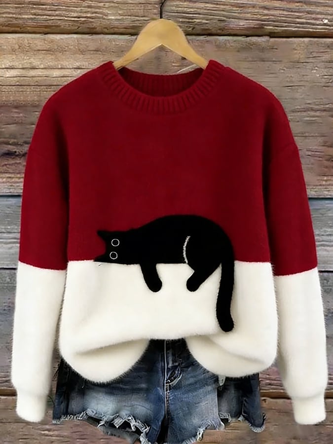 Betty | Women's Cozy Fuzzy Color Block Crew Neck Cute Pullover Sweater