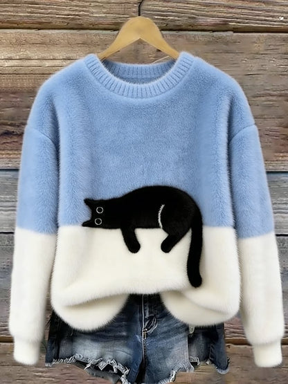 Betty | Women's Cozy Fuzzy Color Block Crew Neck Cute Pullover Sweater