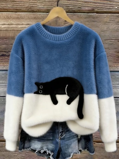 Betty | Women's Cozy Fuzzy Color Block Crew Neck Cute Pullover Sweater