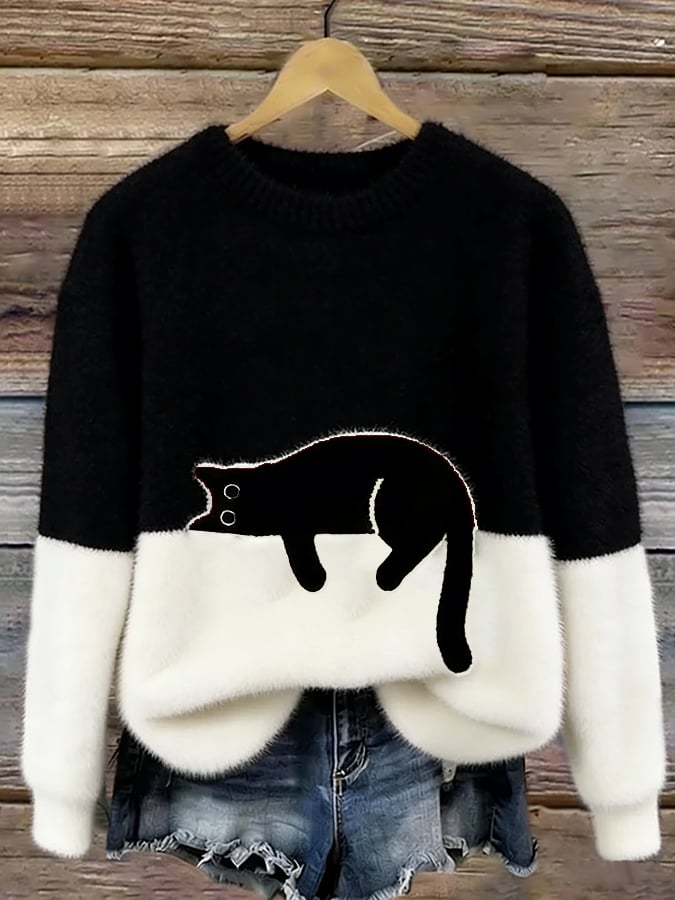 Betty | Women's Cozy Fuzzy Color Block Crew Neck Cute Pullover Sweater