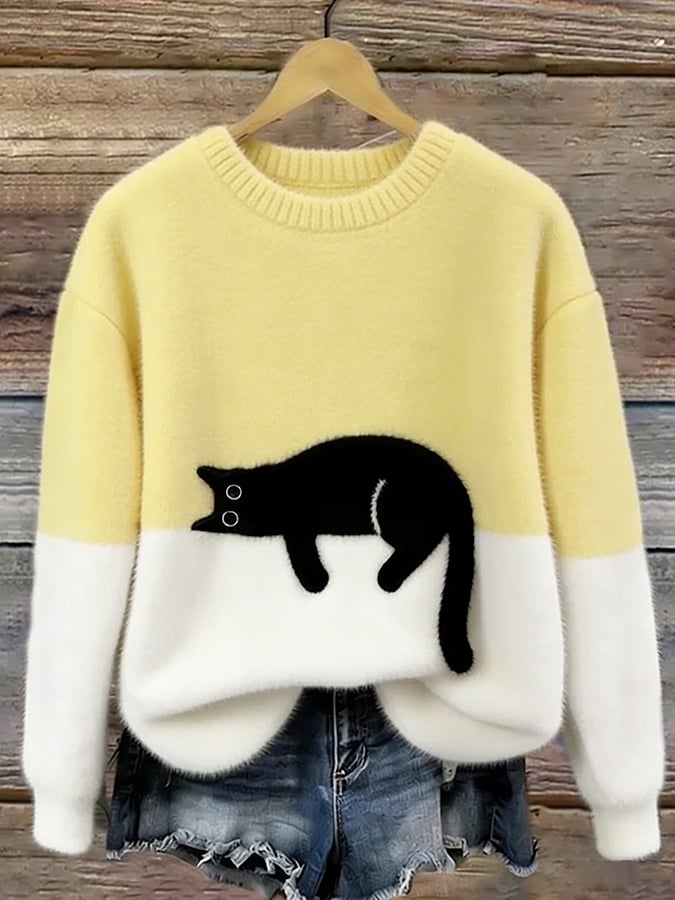 Betty | Women's Cozy Fuzzy Color Block Crew Neck Cute Pullover Sweater