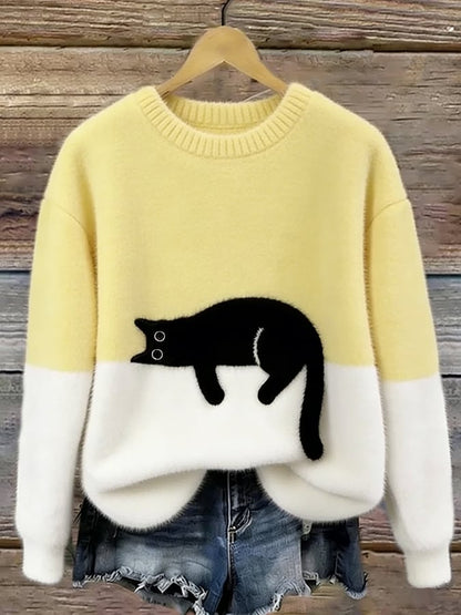 Betty | Women's Cozy Fuzzy Color Block Crew Neck Cute Pullover Sweater