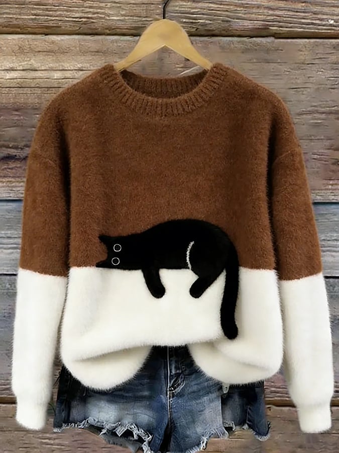 Betty | Women's Cozy Fuzzy Color Block Crew Neck Cute Pullover Sweater