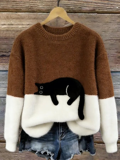Betty | Women's Cozy Fuzzy Color Block Crew Neck Cute Pullover Sweater