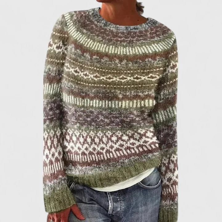 Erin | Women's Fair Isle Crew Neck Long Sleeve Knit Pullover Sweater