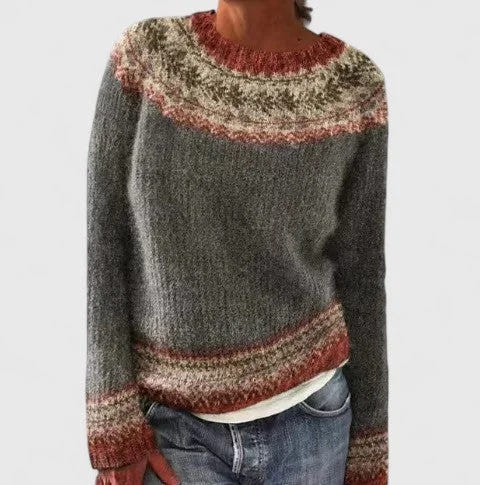 Erin | Women's Fair Isle Crew Neck Long Sleeve Knit Pullover Sweater