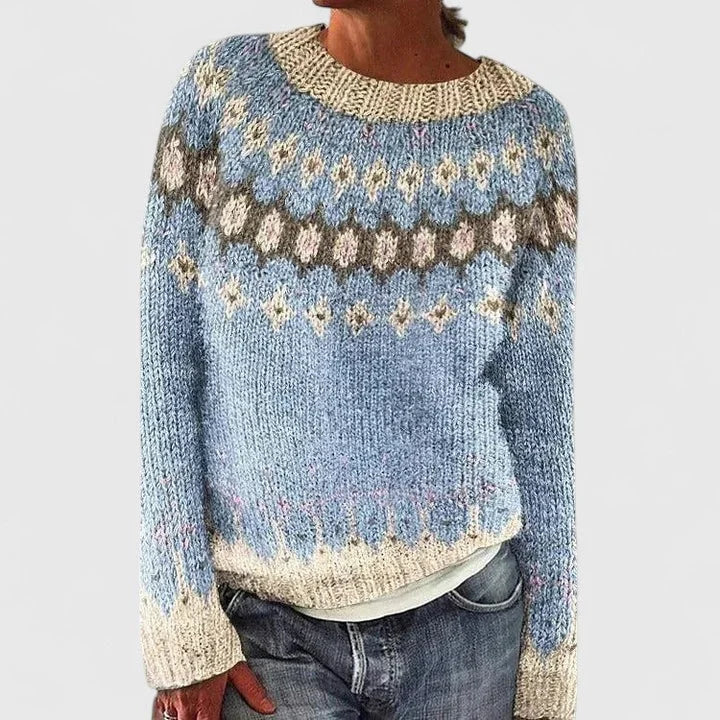 Erin | Women's Fair Isle Crew Neck Long Sleeve Knit Pullover Sweater