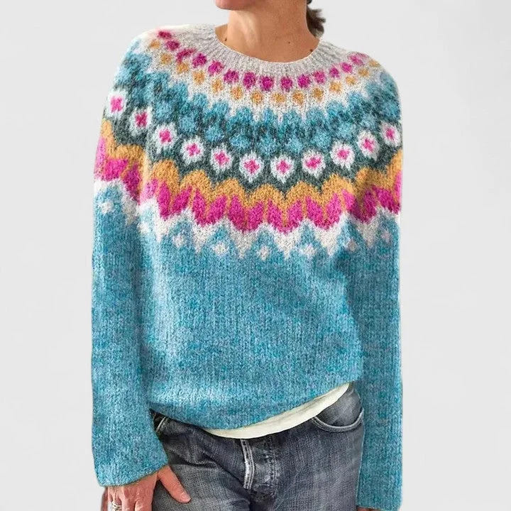 Erin | Women's Fair Isle Crew Neck Long Sleeve Knit Pullover Sweater