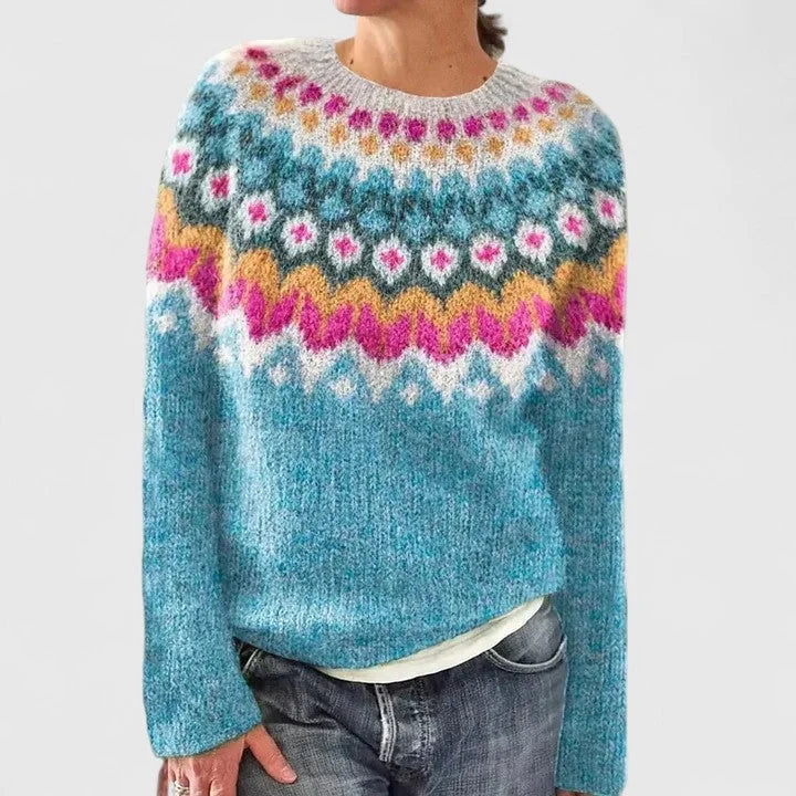 Erin | Women's Fair Isle Crew Neck Long Sleeve Knit Pullover Sweater