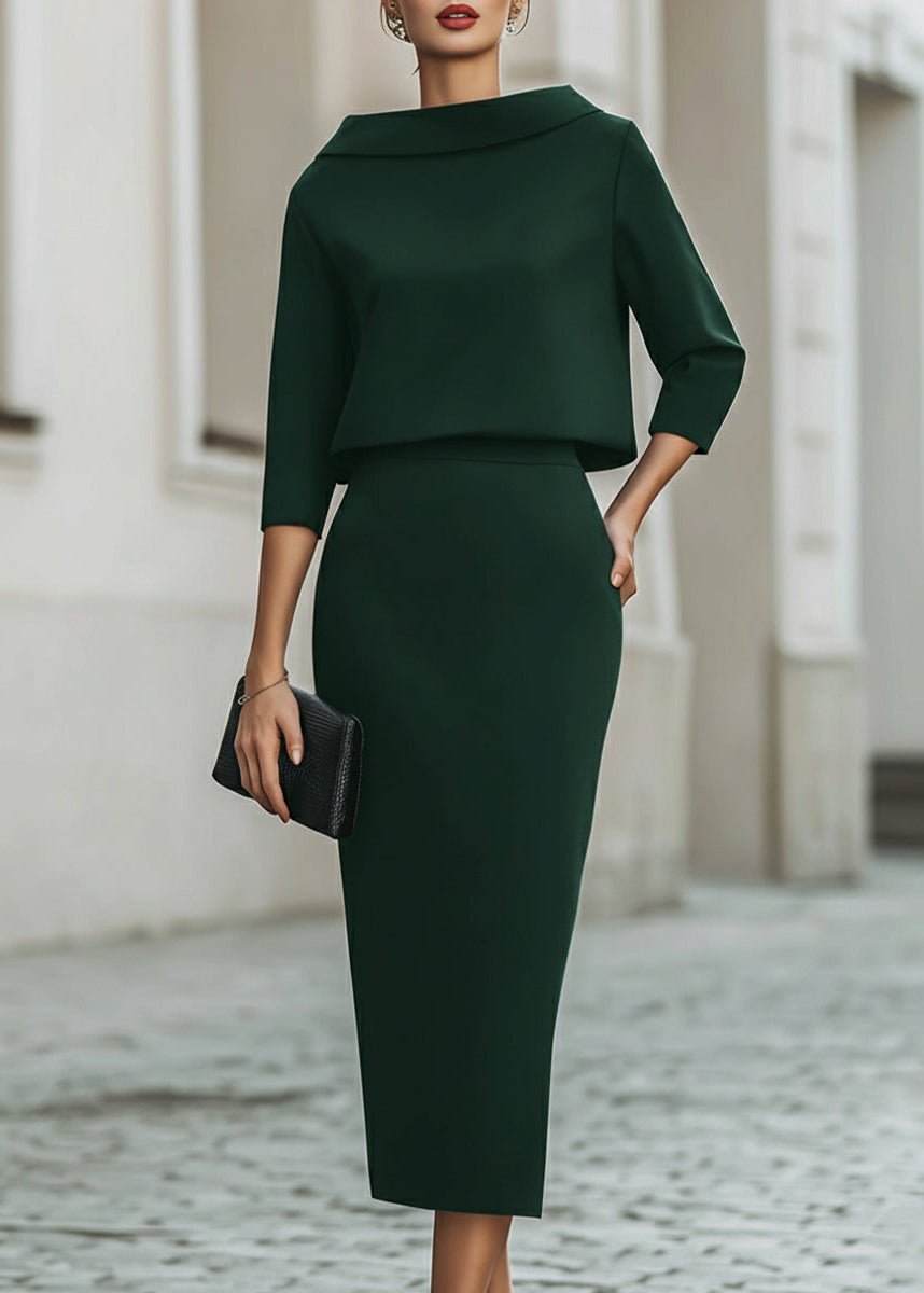 Margaux | Women's Formal Co-Ord Crepe Pencil Midi Skirt and Boat Neck 3/4 Sleeve Top Set