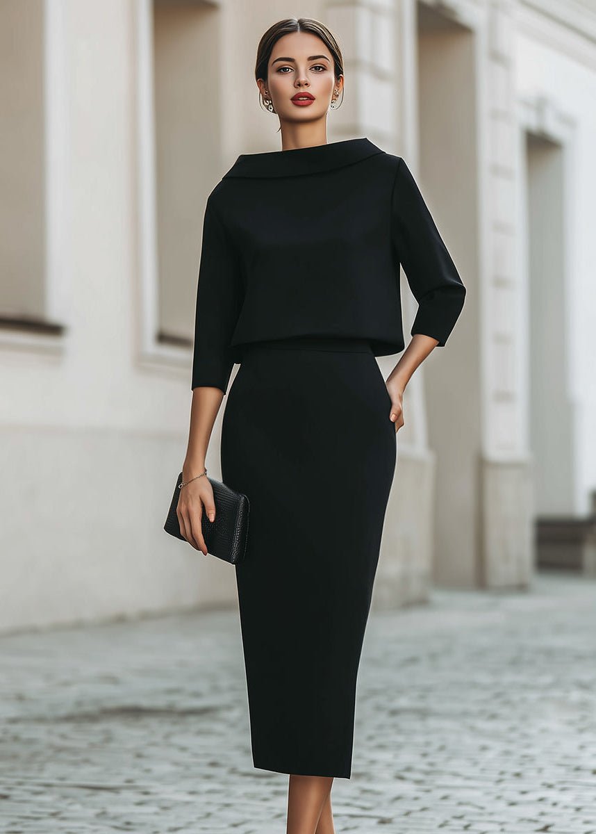 Margaux | Women's Formal Co-Ord Crepe Pencil Midi Skirt and Boat Neck 3/4 Sleeve Top Set