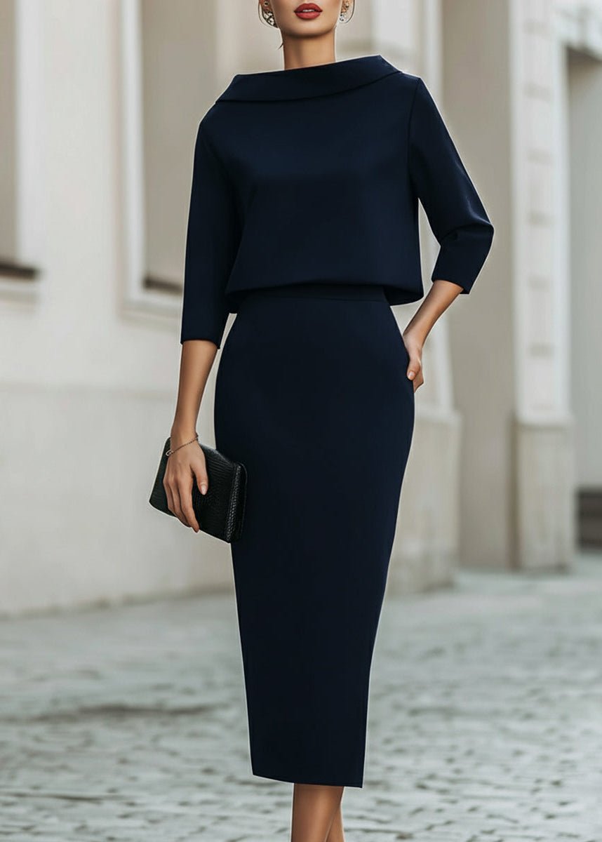 Margaux | Women's Formal Co-Ord Crepe Pencil Midi Skirt and Boat Neck 3/4 Sleeve Top Set