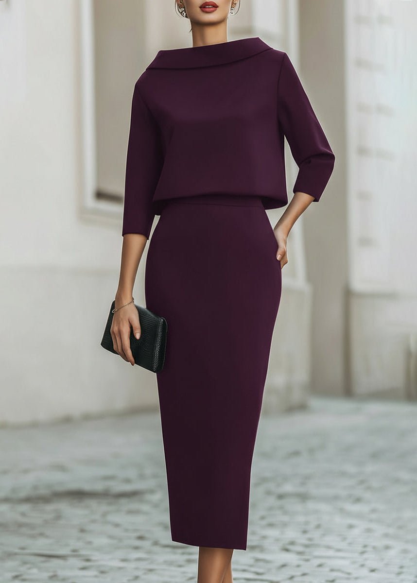 Margaux | Women's Formal Co-Ord Crepe Pencil Midi Skirt and Boat Neck 3/4 Sleeve Top Set