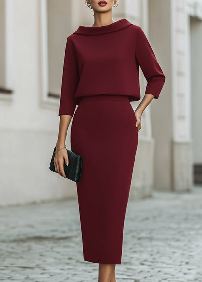 Margaux | Women's Formal Co-Ord Crepe Pencil Midi Skirt and Boat Neck 3/4 Sleeve Top Set