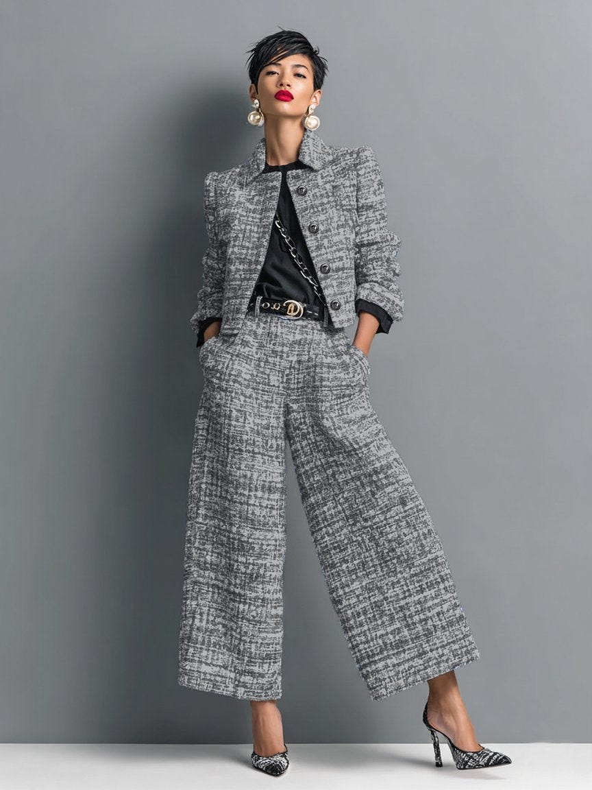 Anaya | Women's Tweed Cropped Jacket and High Waisted Wide Leg Pants Two-Piece Set