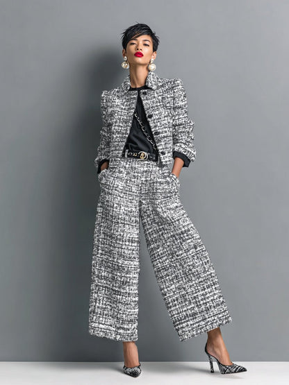 Anaya | Women's Tweed Cropped Jacket and High Waisted Wide Leg Pants Two-Piece Set