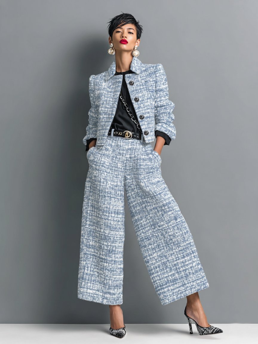 Anaya | Women's Tweed Cropped Jacket and High Waisted Wide Leg Pants Two-Piece Set