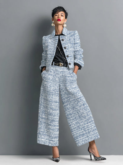 Anaya | Women's Tweed Cropped Jacket and High Waisted Wide Leg Pants Two-Piece Set