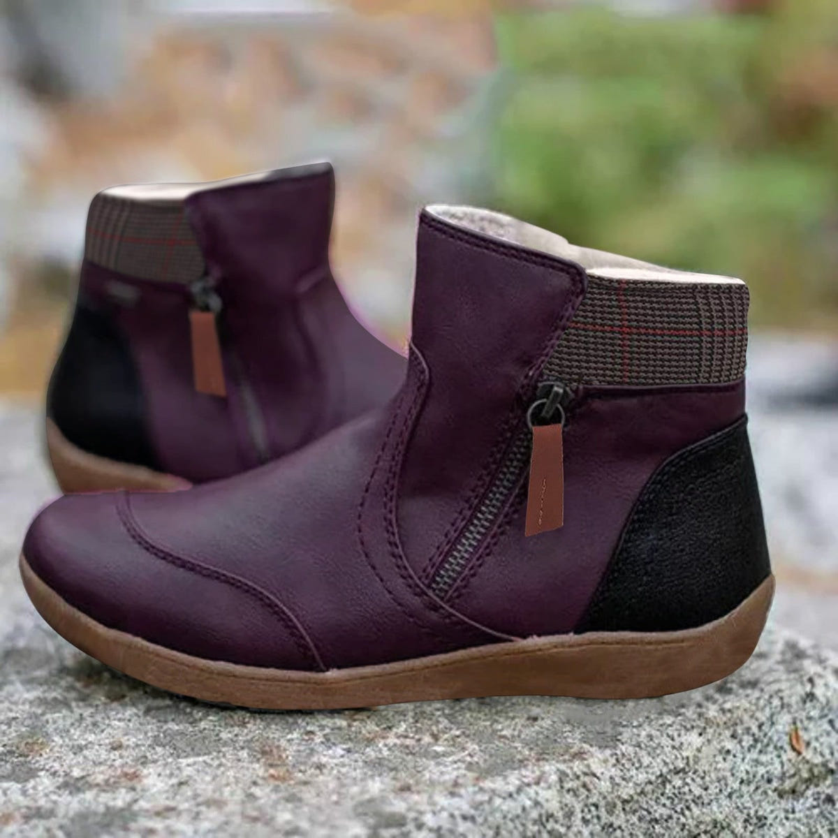 Annabel | Women's Comfortable Plaid Trim Side Zip Ankle Boot