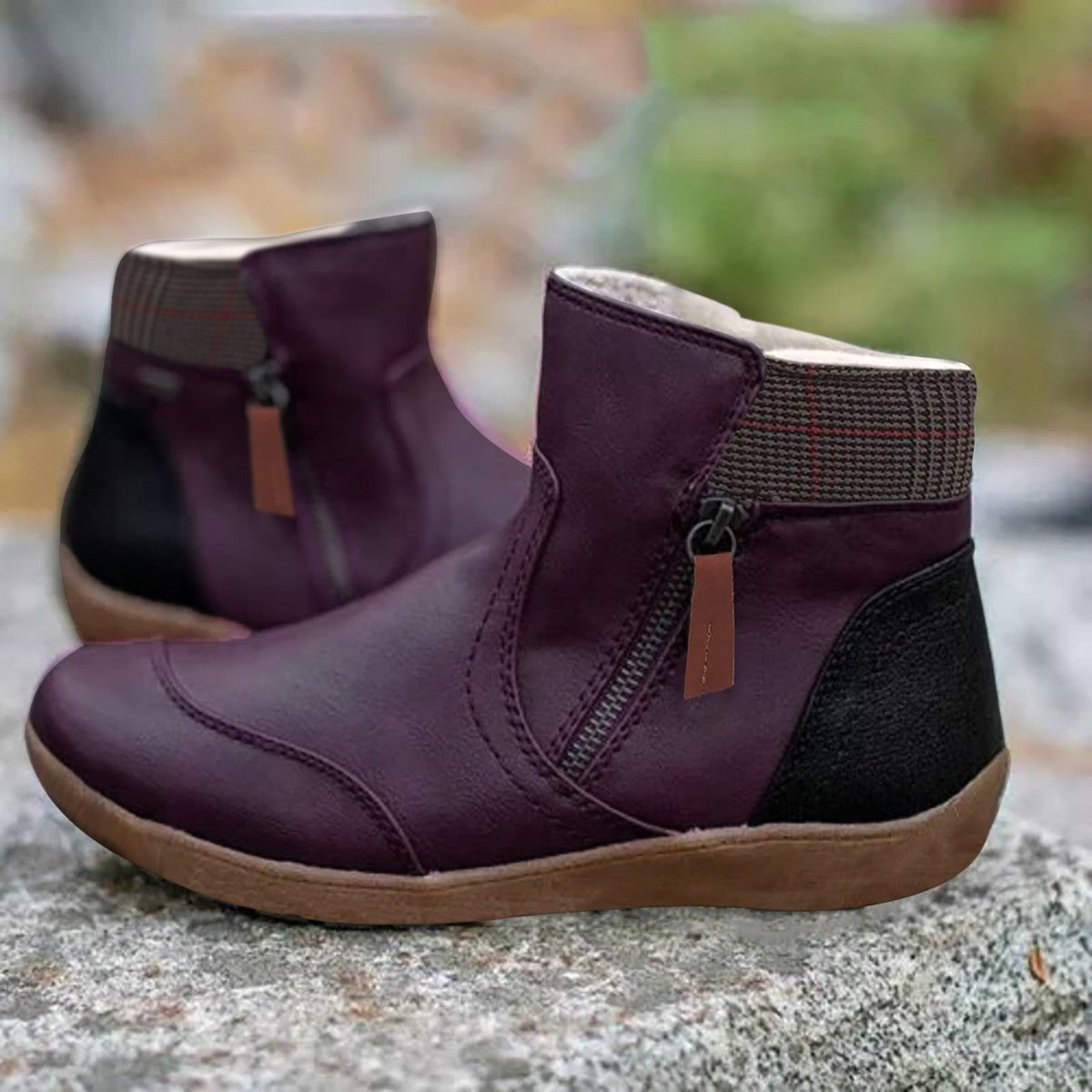 Annabel | Women's Comfortable Plaid Trim Side Zip Ankle Boot