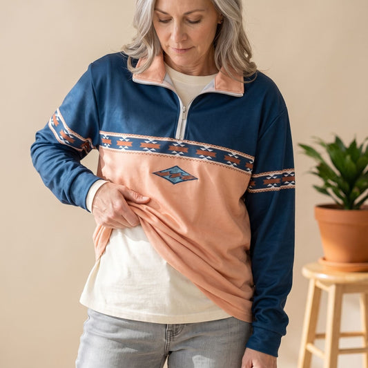 Gemma | Women's Relaxed Geometric Print Collared Half Zip Pullover Sweater