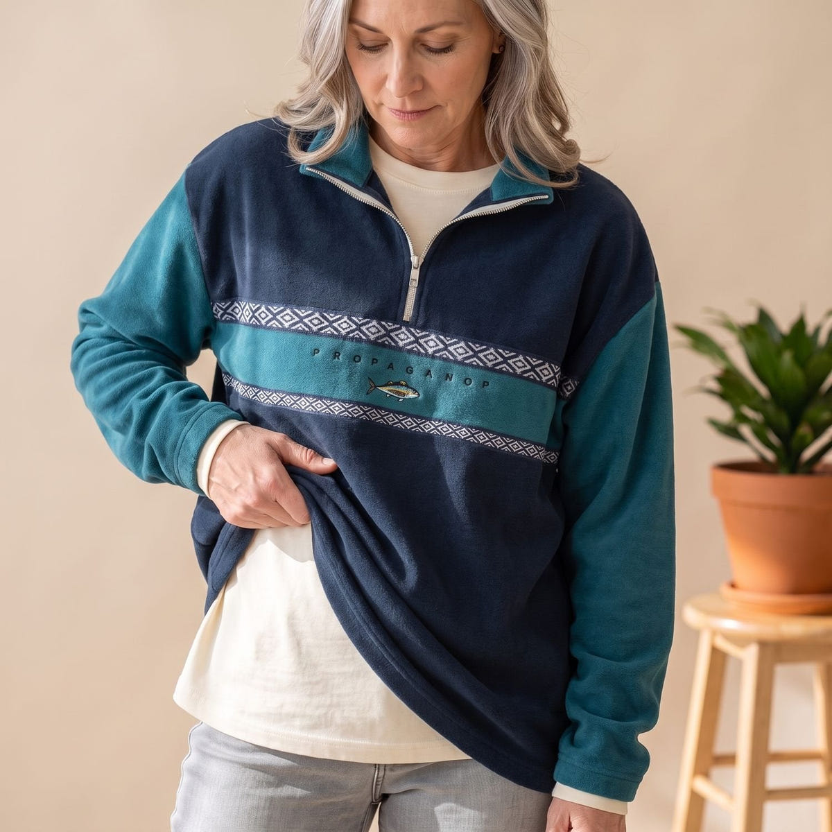 Gemma | Women's Relaxed Geometric Print Collared Half Zip Pullover Sweater